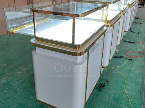 White Jewelry Glass Showcase Counter with Gold Trim 01