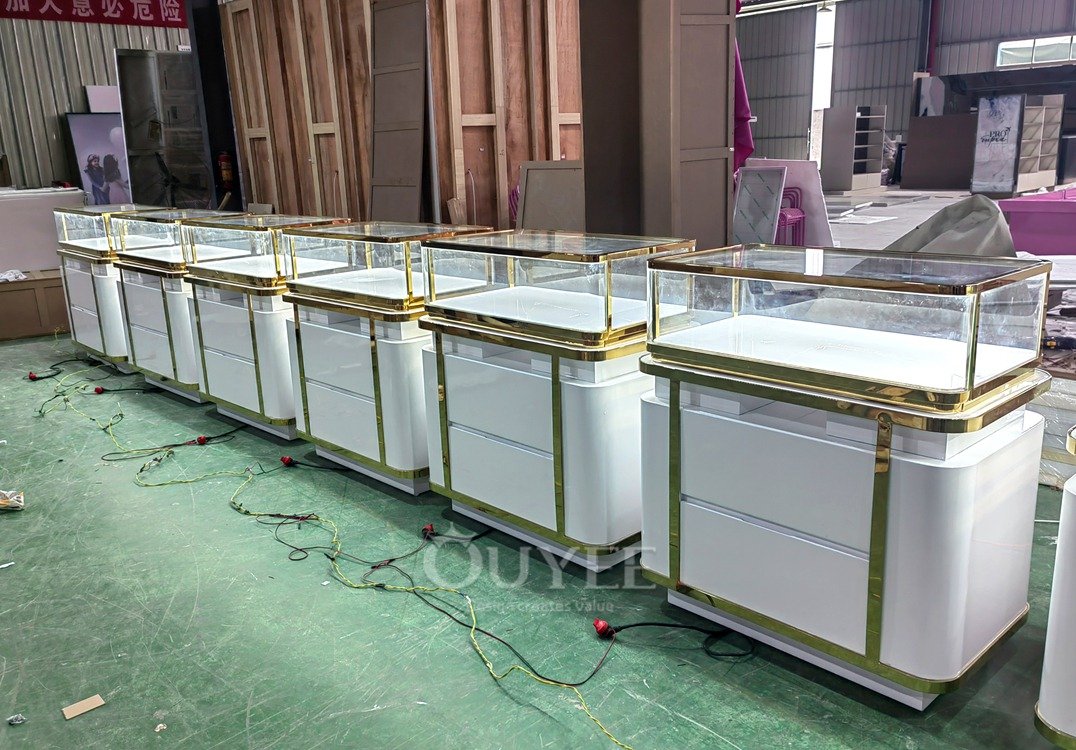 White Jewelry Glass Showcase Counter with Gold Trim 02