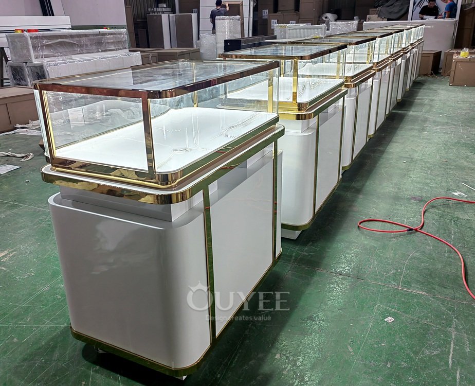 White Jewelry Glass Showcase Counter with Gold Trim 03
