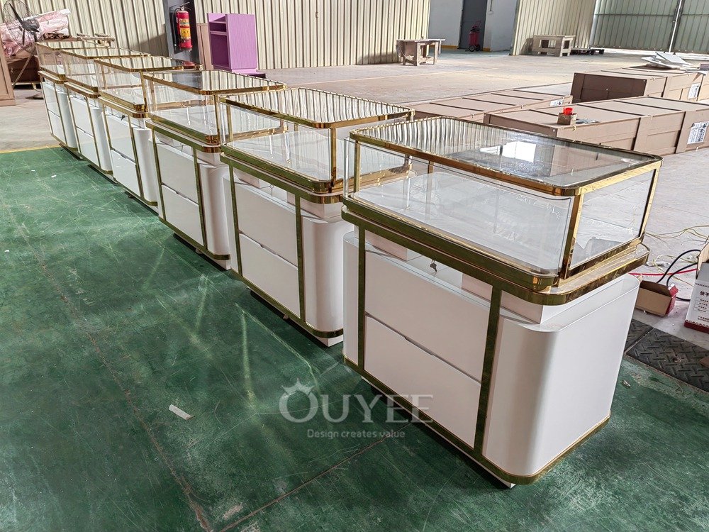 White Jewelry Glass Showcase Counter with Gold Trim 04