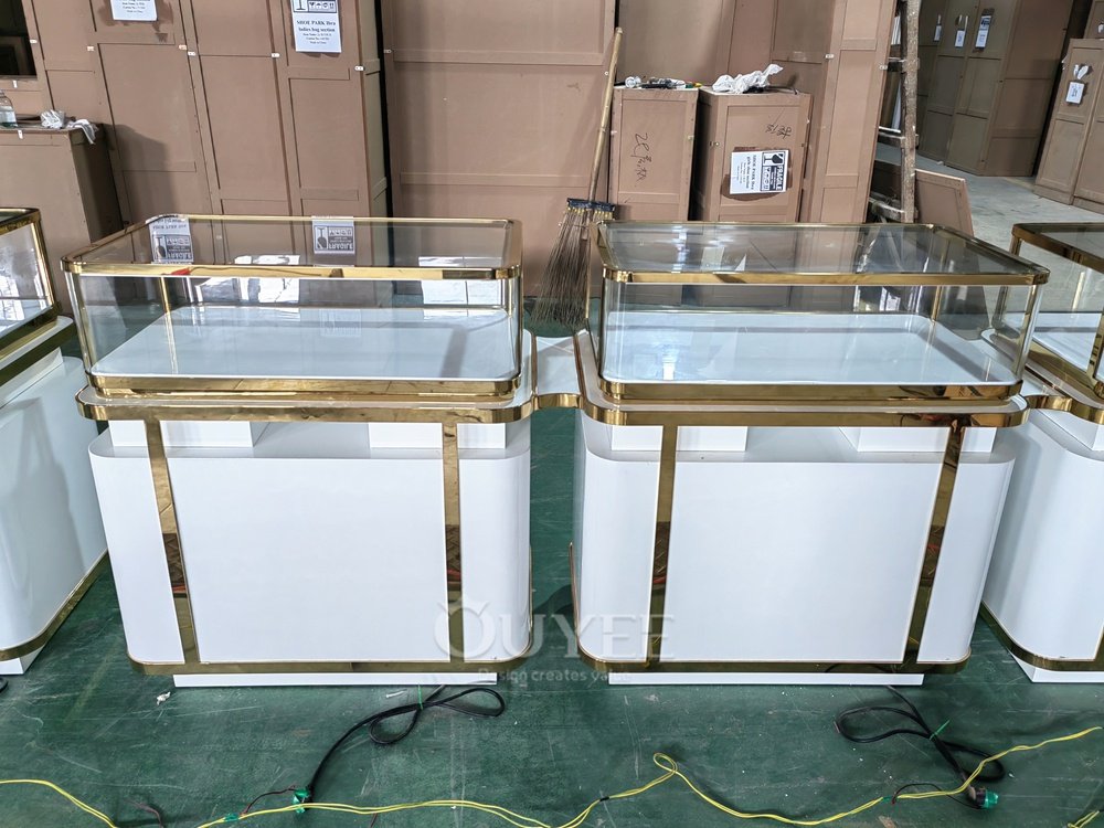 White Jewelry Glass Showcase Counter with Gold Trim 05