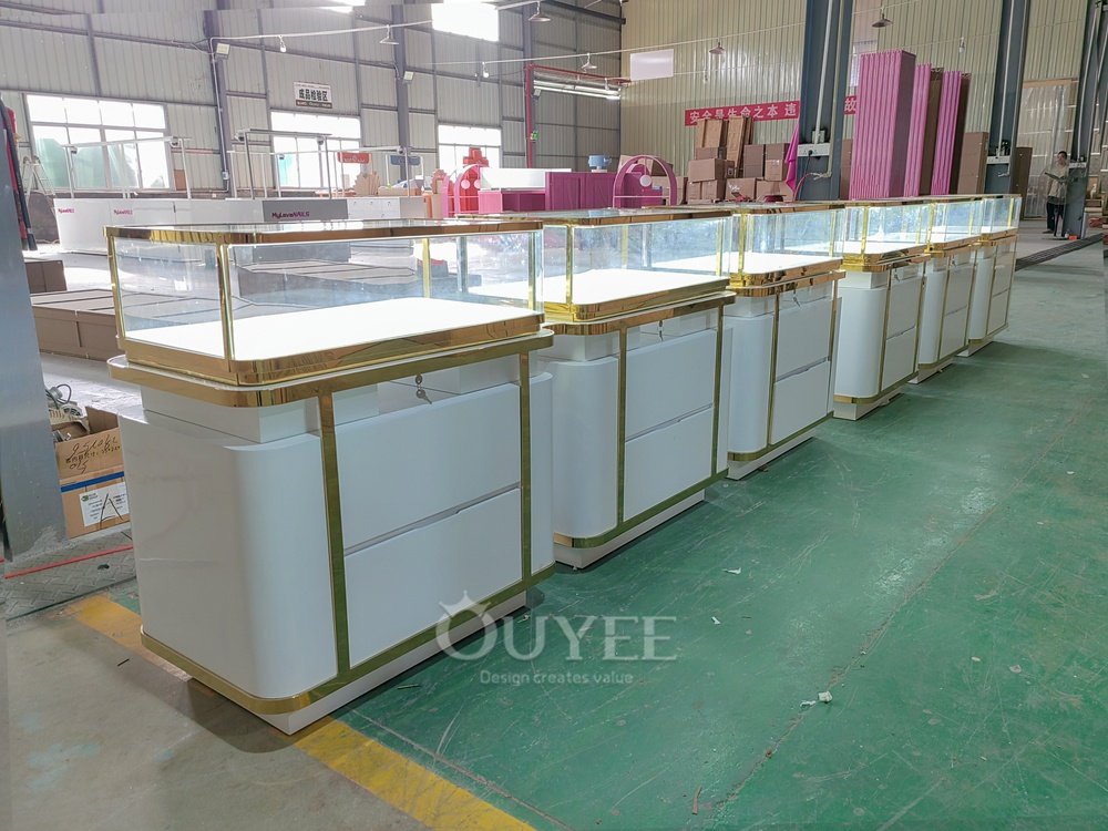 White Jewelry Glass Showcase Counter with Gold Trim 06