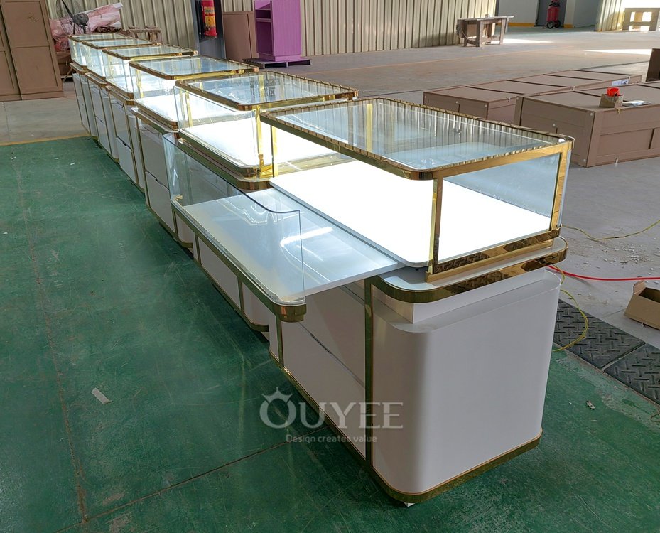 White Jewelry Glass Showcase Counter with Gold Trim 07