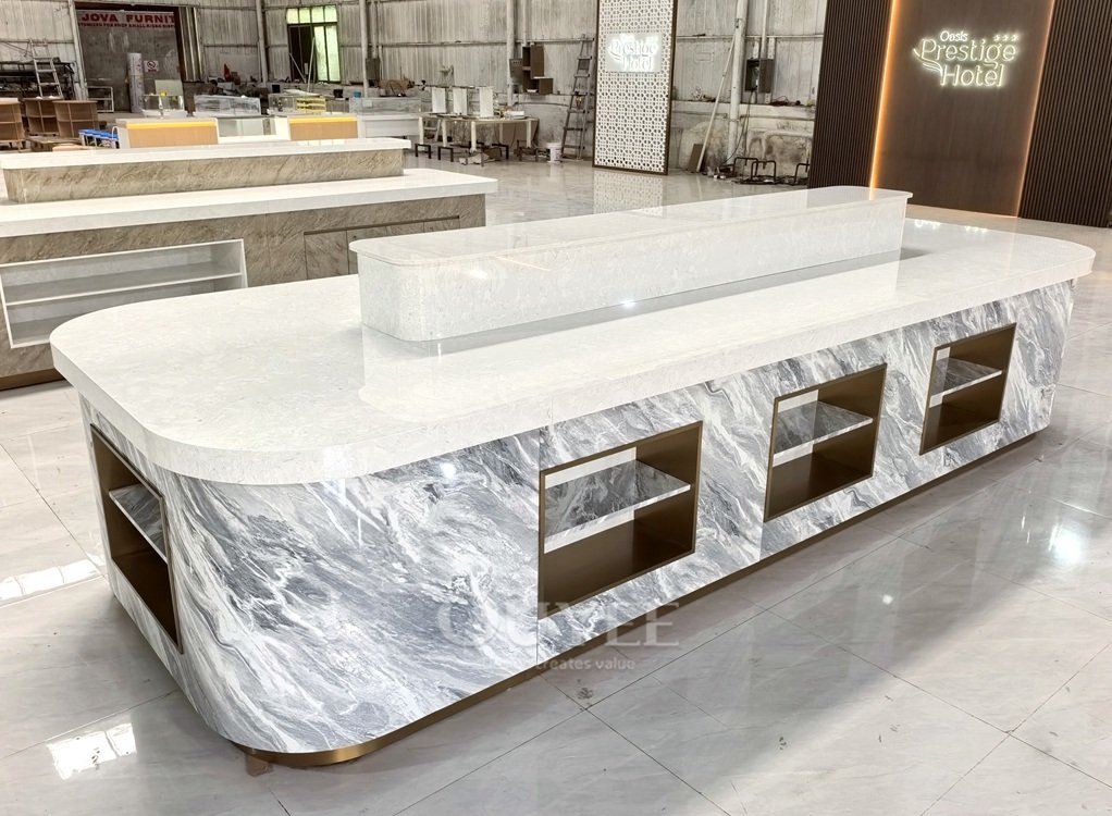 White Marble Island Display Stand with Storage 01