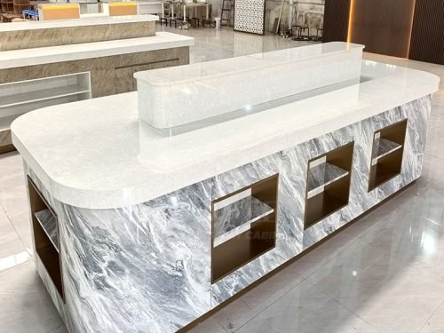 White Marble Island Display Stand with Storage 01