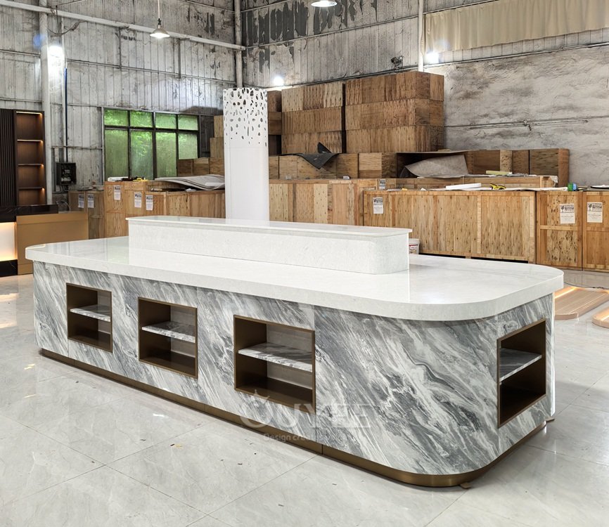 White Marble Island Display Stand with Storage 02