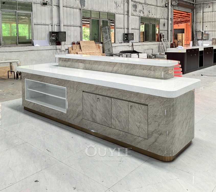 White Marble Island Display Stand with Storage 03