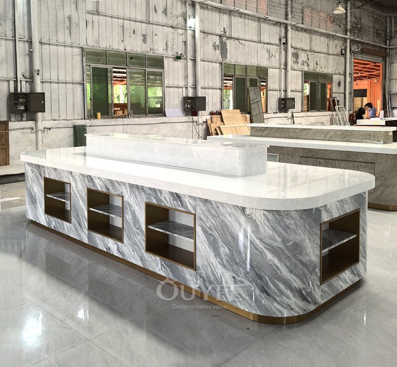 White Marble Island Display Stand with Storage 04