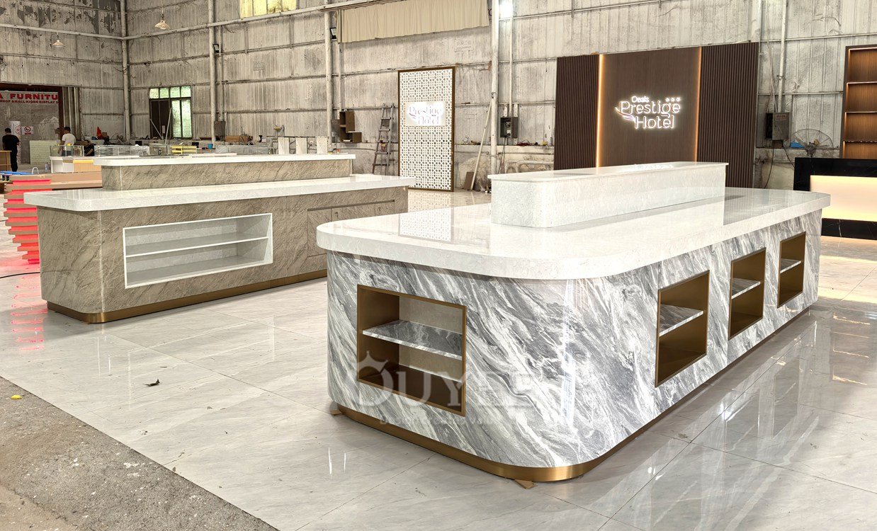 White Marble Island Display Stand with Storage 05