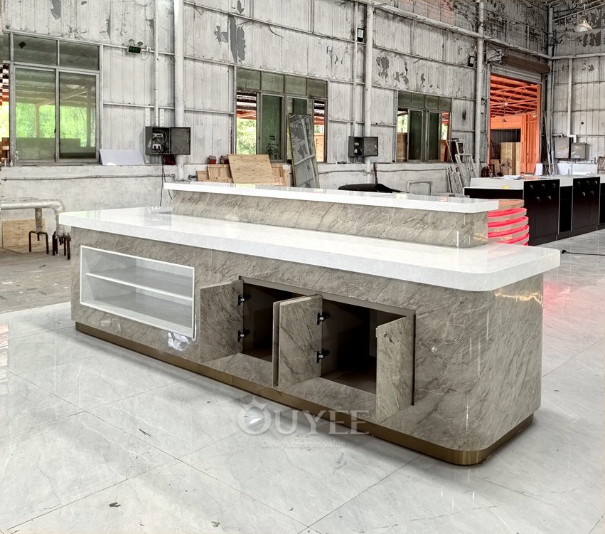 White Marble Island Display Stand with Storage 06