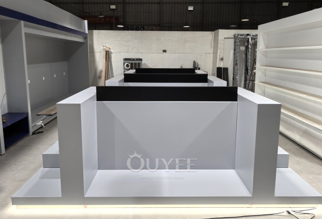 White Retail Cash Wrap Display Stand with Black Top 01