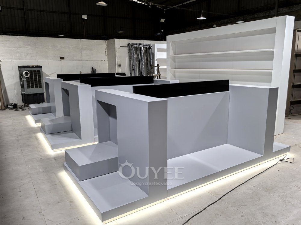 White Retail Cash Wrap Display Stand with Black Top 03