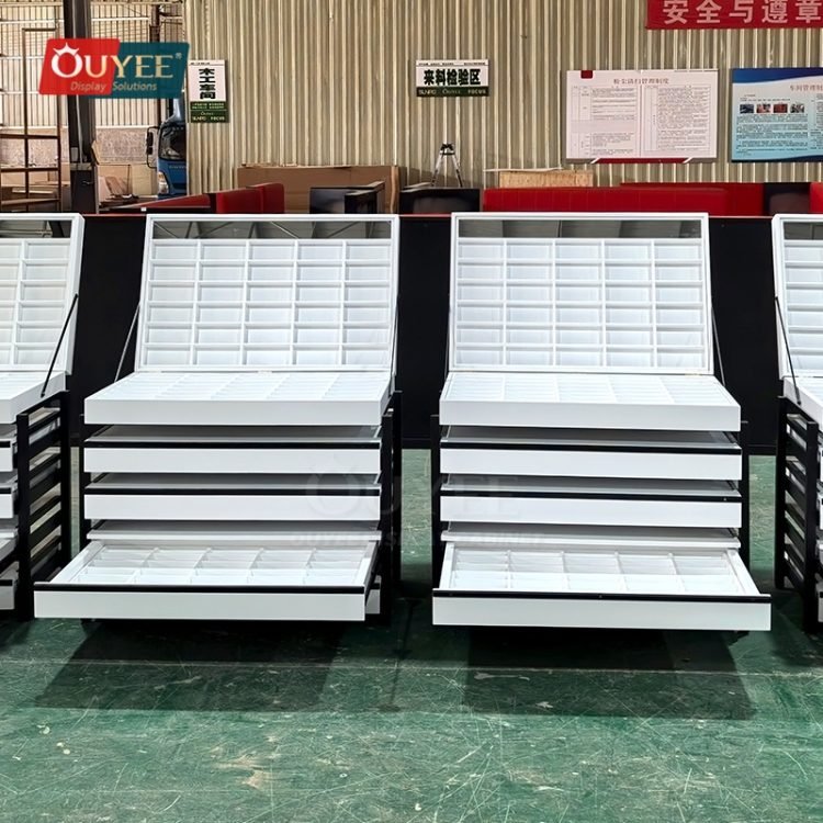 Slanted Material Display Rack White Slanted Gondola Display Stand System | Custom Display Stand ...