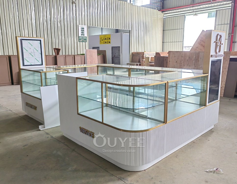 White and Gold Curved Glass Showcase Island Counter Set 01