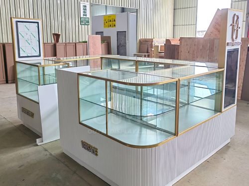 White and Gold Curved Glass Showcase Island Counter Set 01