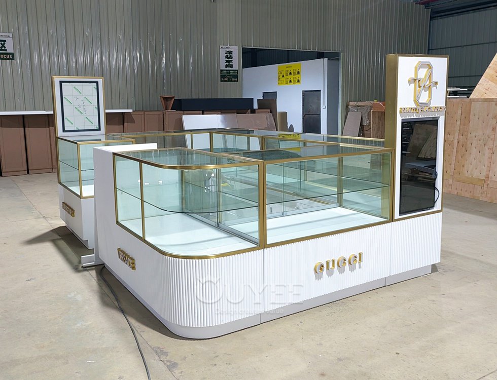 White and Gold Curved Glass Showcase Island Counter Set 02