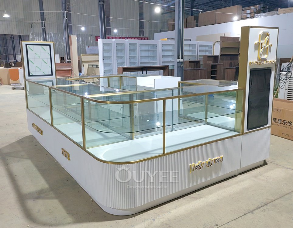 White and Gold Curved Glass Showcase Island Counter Set 03