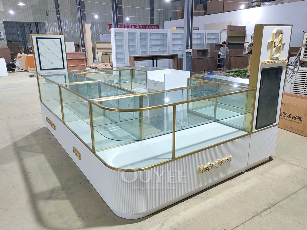 White and Gold Curved Glass Showcase Island Counter Set 04