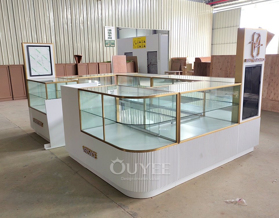 White and Gold Curved Glass Showcase Island Counter Set 05