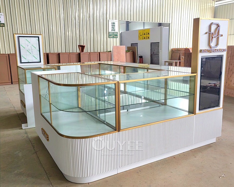 White and Gold Curved Glass Showcase Island Counter Set 06