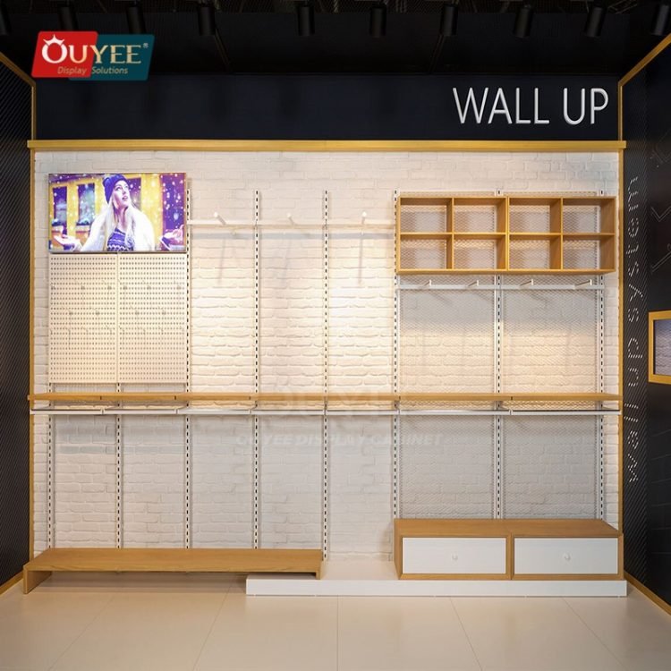 White and Oak Modular Wall Display Rack | Custom Display Rack Manufacturer
