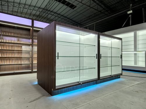 Wood Grain Display Cabinet Island Set with Blue Base Lighting 01