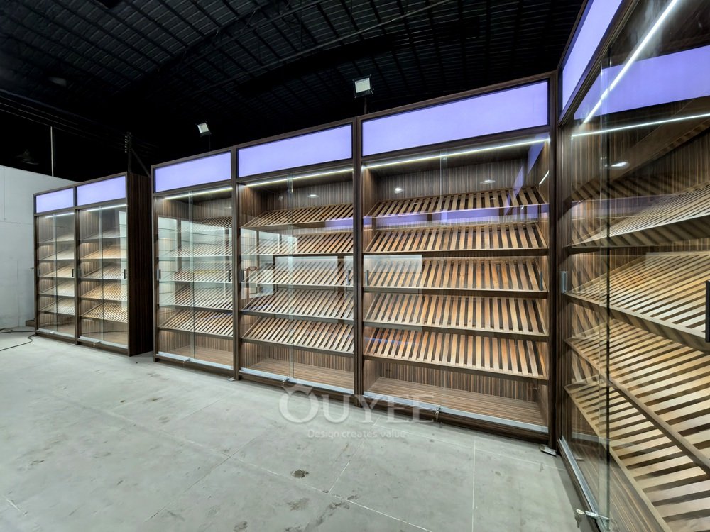 Wood Grain Display Cabinet Island Set with Blue Base Lighting 02