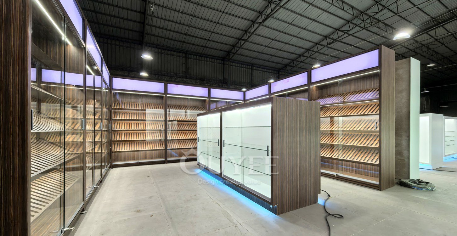 Wood Grain Display Cabinet Island Set with Blue Base Lighting 03