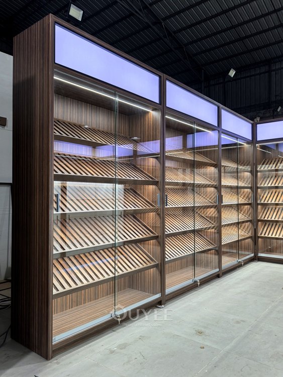 Wood Grain Display Cabinet Island Set with Blue Base Lighting 04