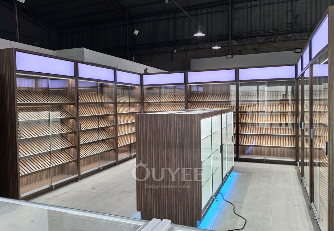 Wood Grain Display Cabinet Island Set with Blue Base Lighting 05