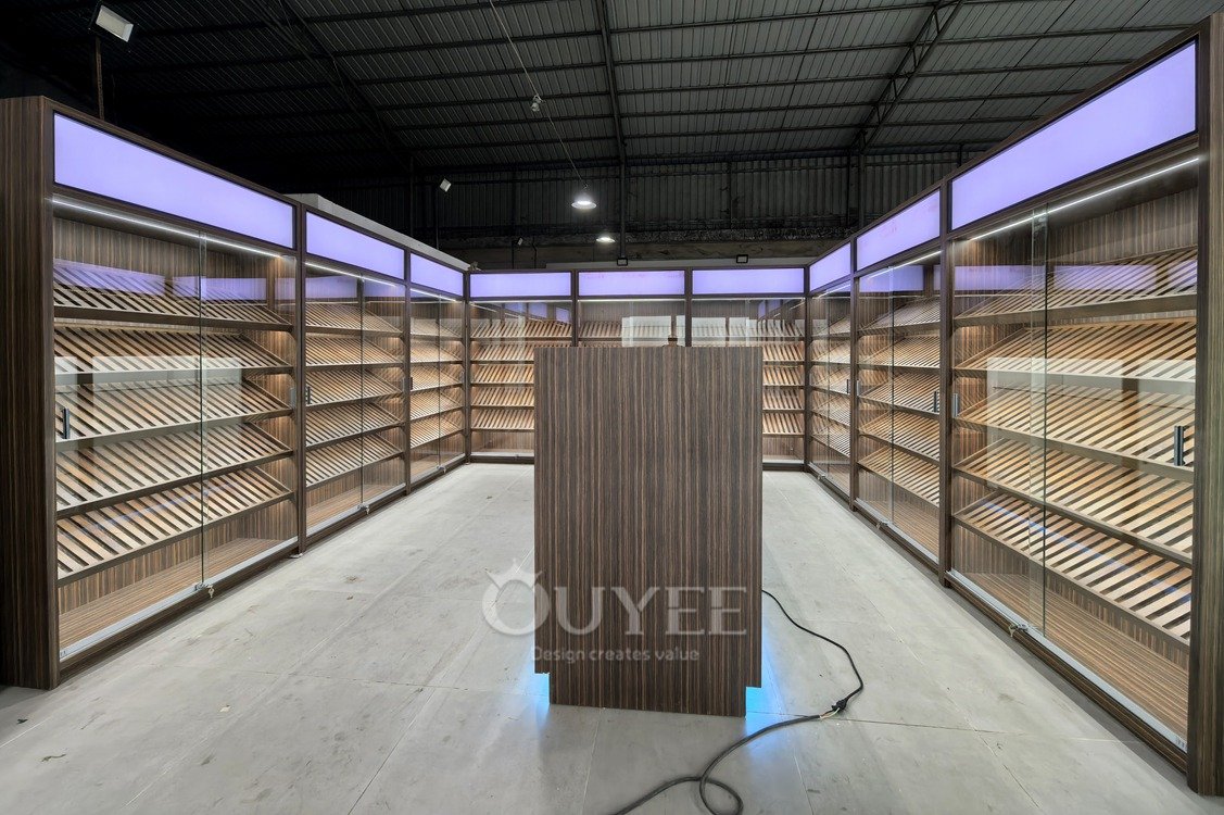 Wood Grain Display Cabinet Island Set with Blue Base Lighting 06