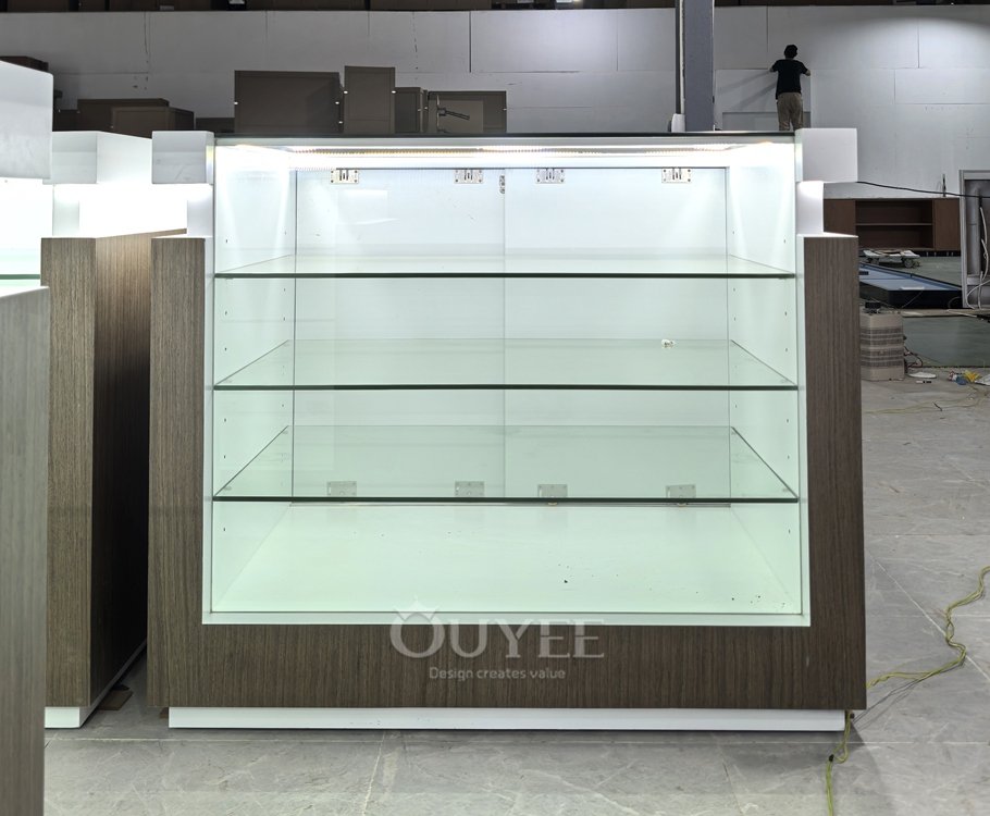 Wood Grain Freestanding Glass Showcase with Open Shelves 01