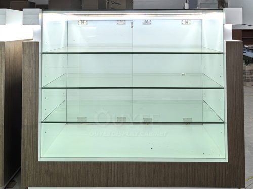 Wood Grain Freestanding Glass Showcase with Open Shelves 01
