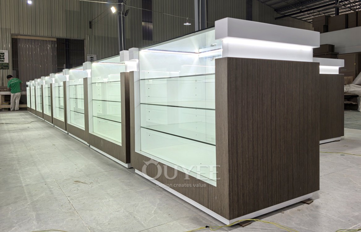 Wood Grain Freestanding Glass Showcase with Open Shelves 02