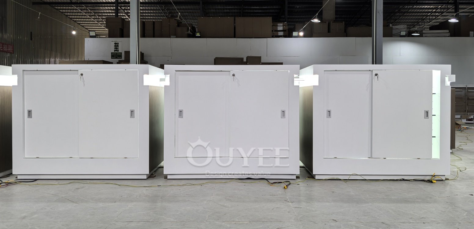 Wood Grain Freestanding Glass Showcase with Open Shelves 03