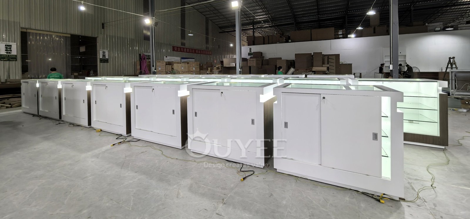 Wood Grain Freestanding Glass Showcase with Open Shelves 04