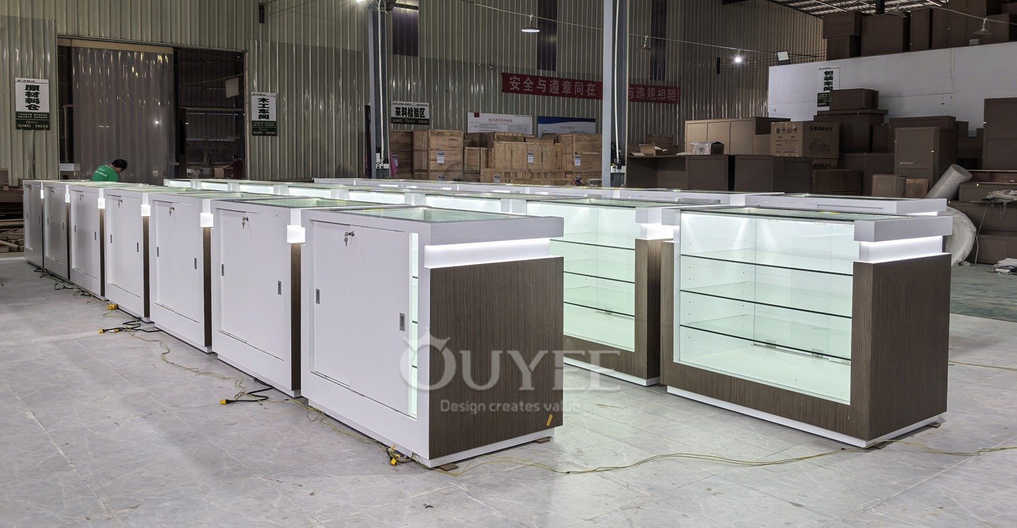 Wood Grain Freestanding Glass Showcase with Open Shelves 05