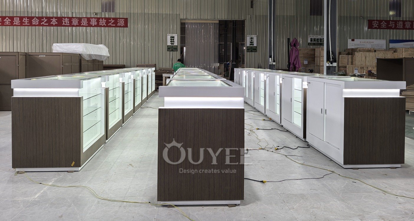 Wood Grain Freestanding Glass Showcase with Open Shelves 06