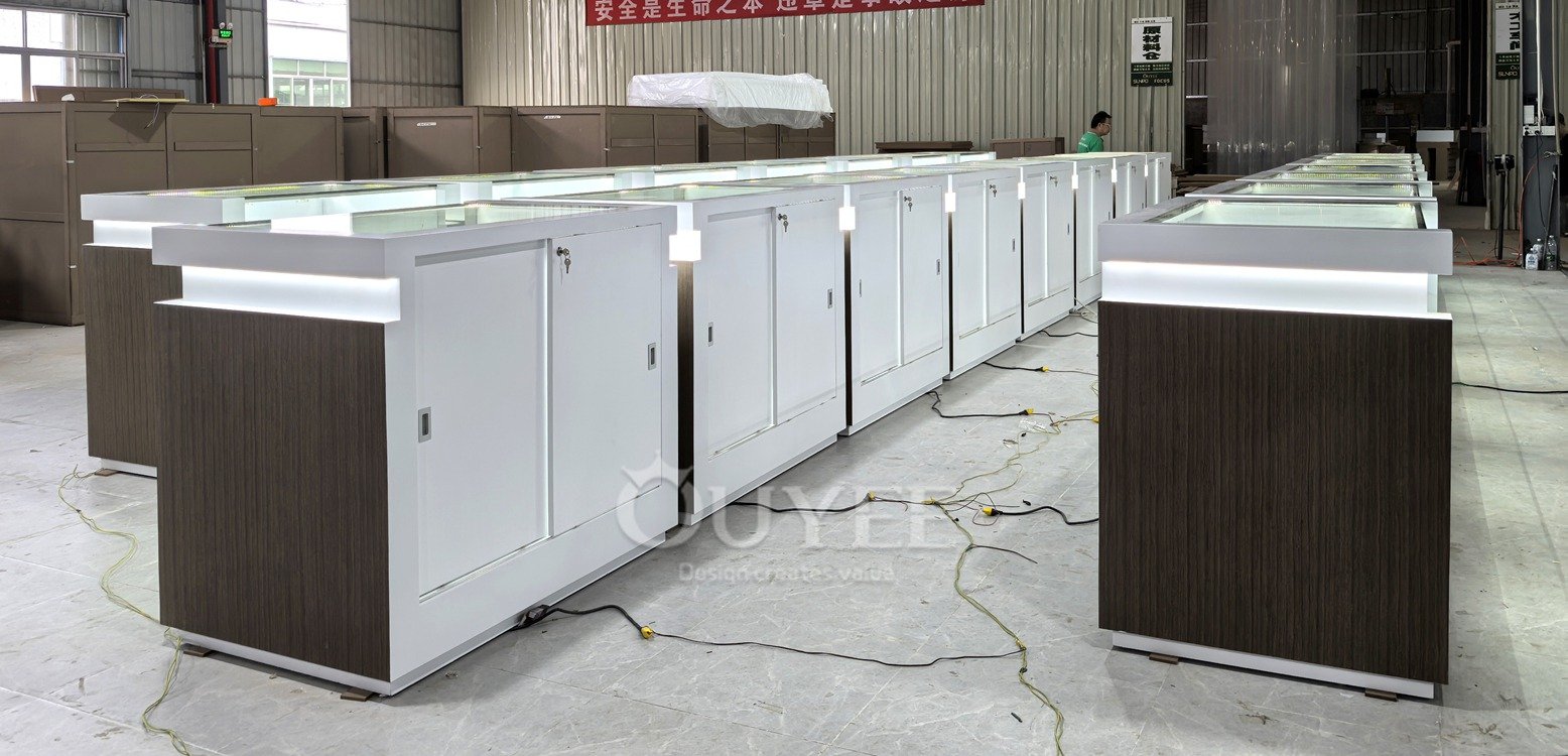 Wood Grain Freestanding Glass Showcase with Open Shelves 07