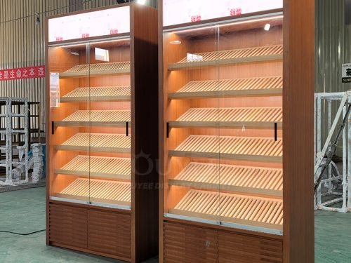 Wood Veneer Display Cabinet with Slanted Shelves 01