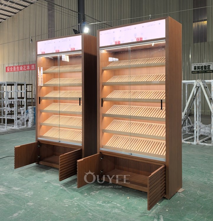 Wood Veneer Display Cabinet with Slanted Shelves 02