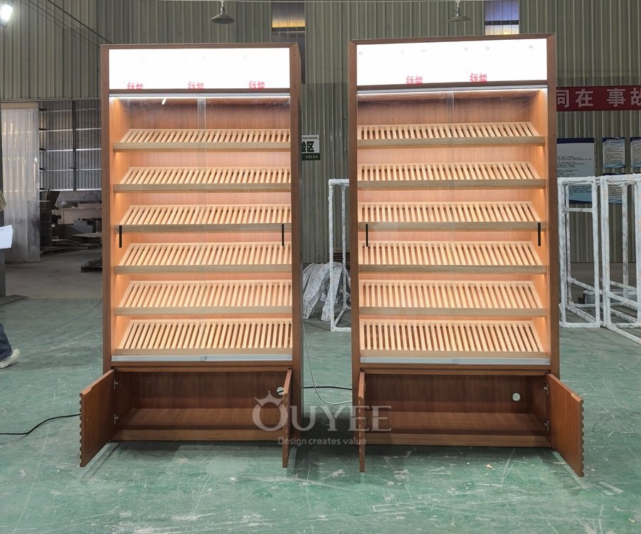 Wood Veneer Display Cabinet with Slanted Shelves 03