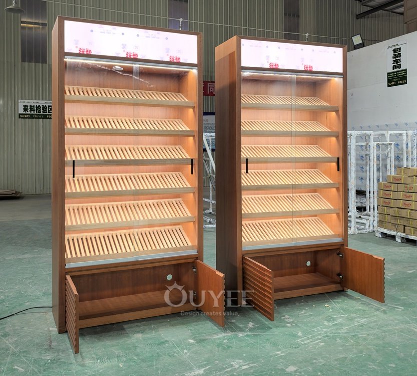 Wood Veneer Display Cabinet with Slanted Shelves 04