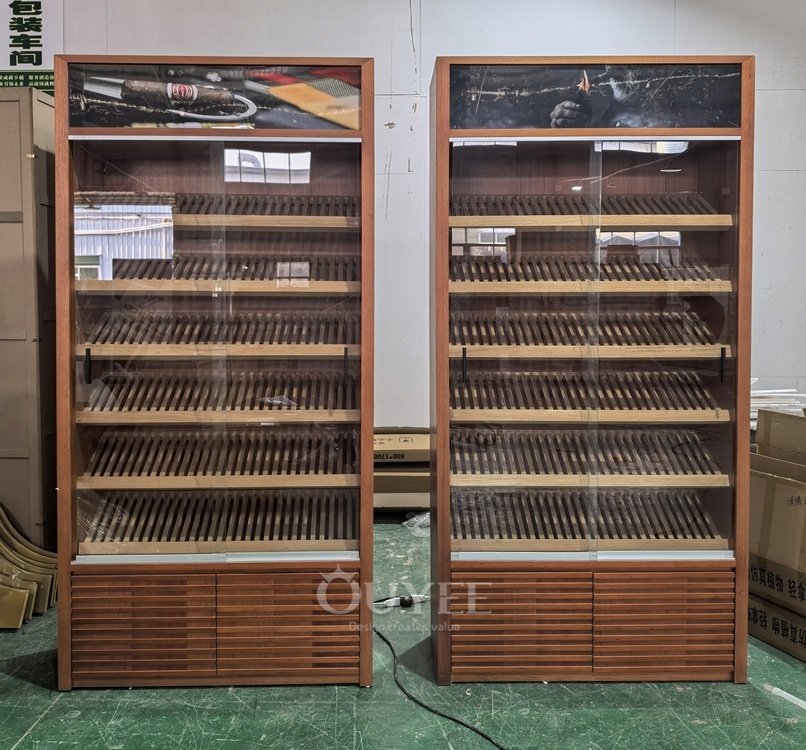 Wood Veneer Display Cabinet with Slanted Shelves 05