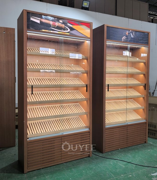 Wood Veneer Display Cabinet with Slanted Shelves 06