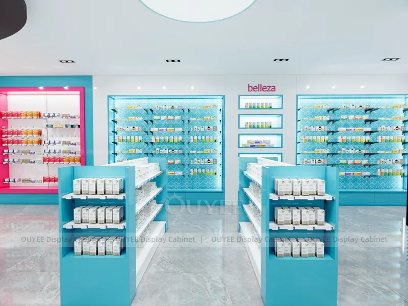 Aqua Pink Pharmacy Curved Wall Shelving Display - Image 3