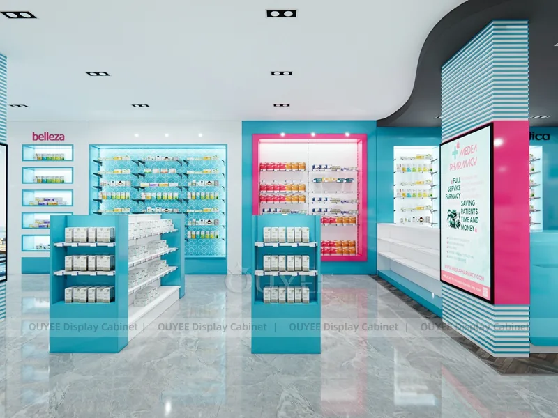 Aqua Pink Pharmacy Curved Wall Shelving Display - Image 4