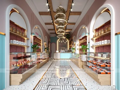 Arched Red Bakery Store Bakery Beverage Counter