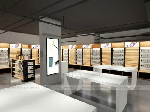 Black And Wood Tone Phone Store Display Fixture
