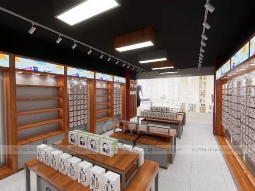 Black And Wood Tone Phone Store Display Fixture